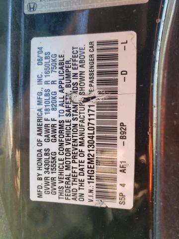 1HGEM21304L071171 - 2004 HONDA CIVIC DX VP Qara foto 12