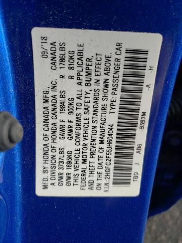 2HGFC2F55JH604044 - 2018 HONDA CIVIC LX BLUE photo 12