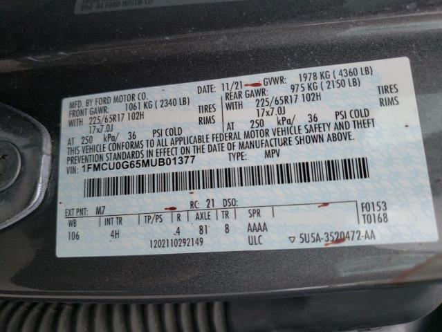 1FMCU0G65MUB01377 - 2021 FORD ESCAPE SE GRAY photo 12