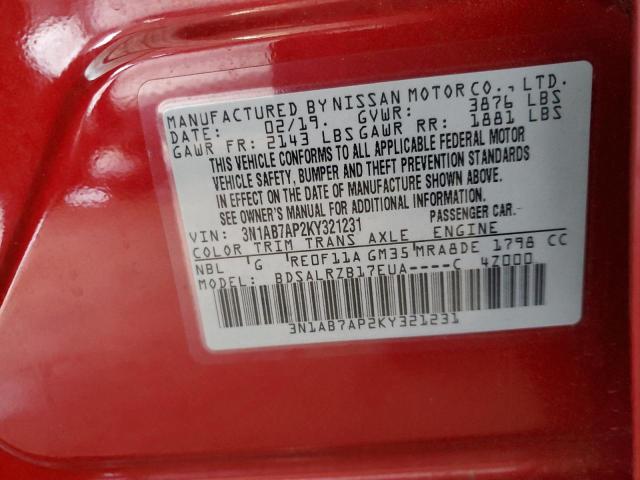 3N1AB7AP2KY321231 - 2019 NISSAN SENTRA S RED photo 12