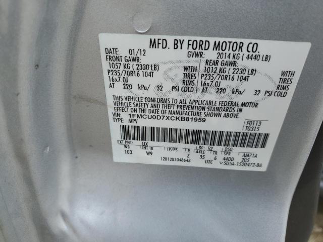 1FMCU0D7XCKB81959 - 2012 FORD ESCAPE XLT SILVER photo 13