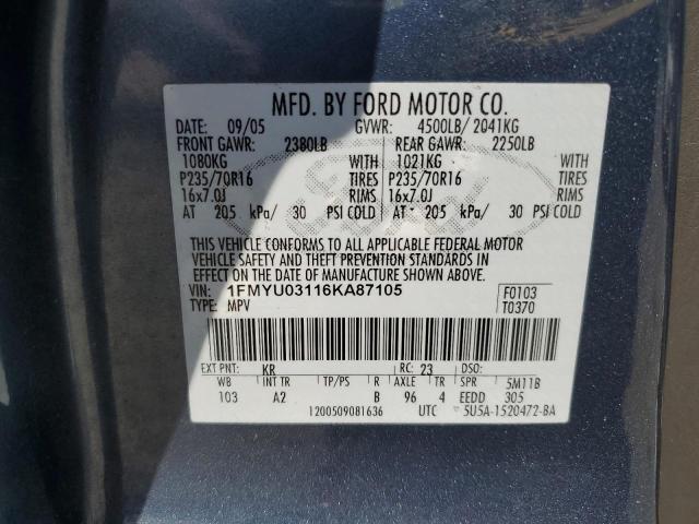 1FMYU03116KA87105 - 2006 FORD ESCAPE XLT BLUE photo 13