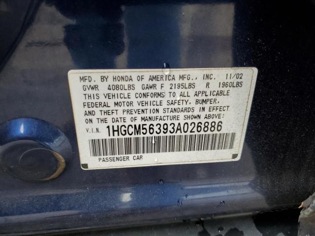 1HGCM56393A026886 - 2003 HONDA ACCORD LX BLUE photo 12