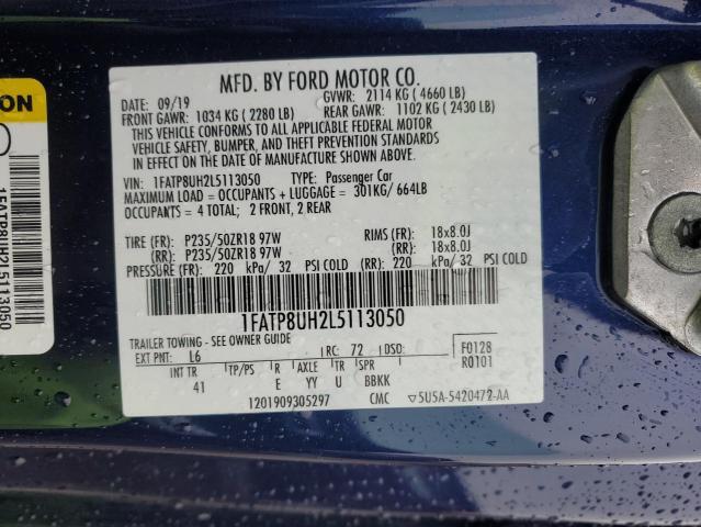 1FATP8UH2L5113050 - 2020 FORD MUSTANG BLUE photo 12