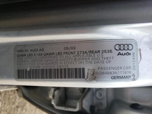 WAULD64B83N111674 - 2003 AUDI A6 2.7T QUATTRO SILVER photo 12