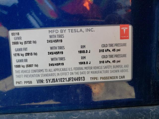 5YJSA1E21JF244913 - 2018 TESLA MODEL S Կապույտ լուսանկար 13