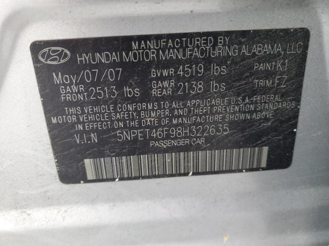 5NPET46F98H322635 - 2008 HYUNDAI SONATA GLS SILVER photo 12