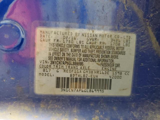 3N1CN7AP6GL869995 - 2016 NISSAN VERSA S BLUE photo 12