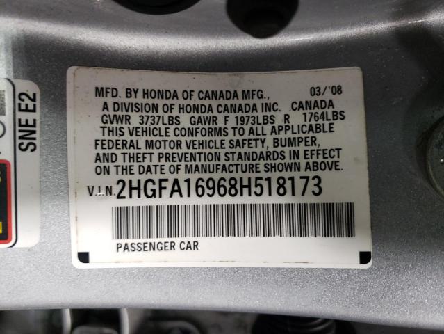 2HGFA16968H518173 - 2008 HONDA CIVIC EXL ვერცხლისფერი ფოტო 12