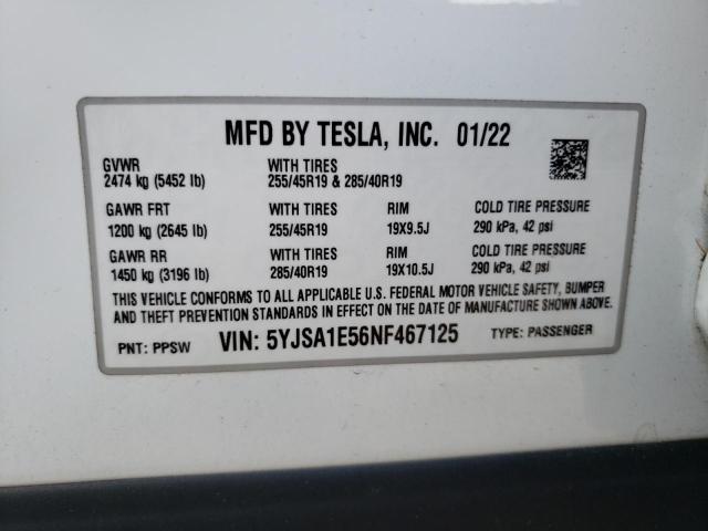 5YJSA1E56NF467125 - 2022 TESLA MODEL S თეთრი ფოტო 12