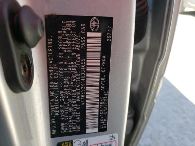 4T1BE32K14U334655 - 2004 TOYOTA CAMRY LE SILVER photo 12