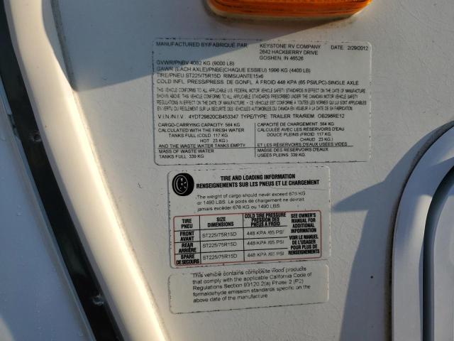 4YDT29820CB453347 - 2012 KEYSTONE OUTBACK WHITE photo 10