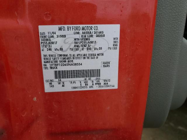 1FTRF12265NA58554 - 2005 FORD F150 RED photo 12