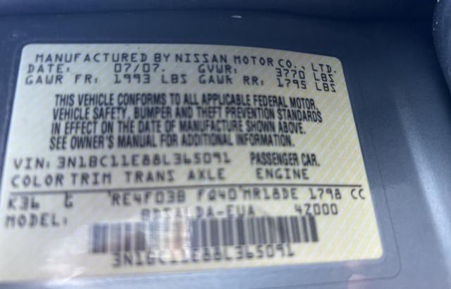 3N1BC11E88L365091 - 2008 NISSAN VERSA S GRAY photo 10