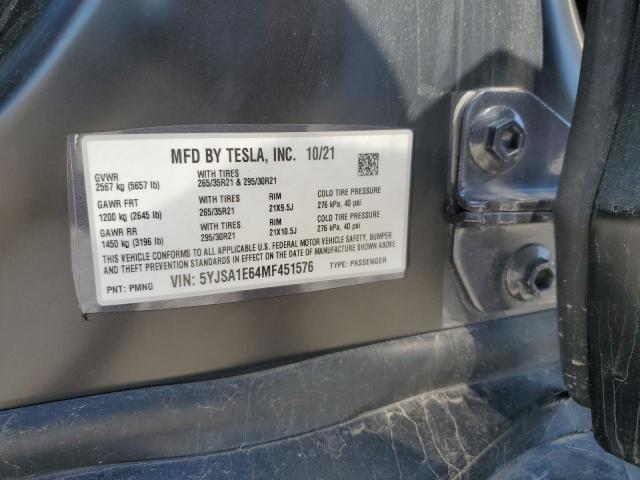 5YJSA1E64MF451576 - 2021 TESLA MODEL S GRAY photo 12