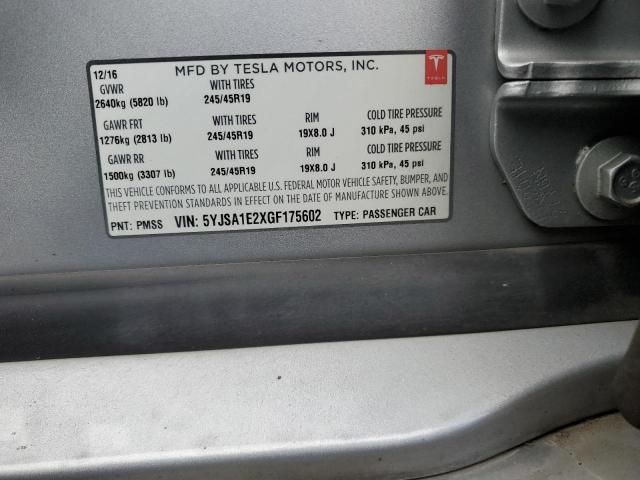 5YJSA1E2XGF175602 - 2016 TESLA MODEL S 银色 照片 12