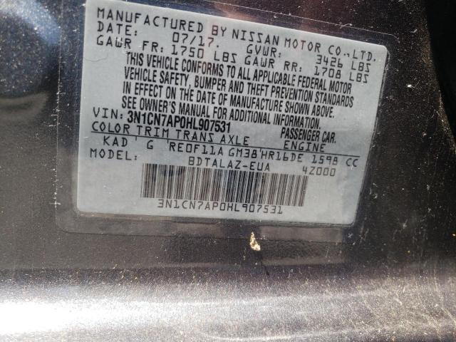 3N1CN7AP0HL907531 - 2017 NISSAN VERSA S SILVER photo 10