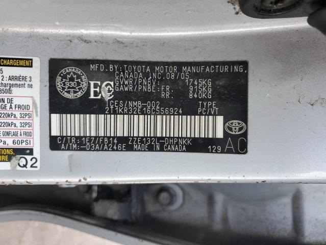 2T1KR32E16C556924 - 2006 TOYOTA COROLLA MA XR SILVER photo 12