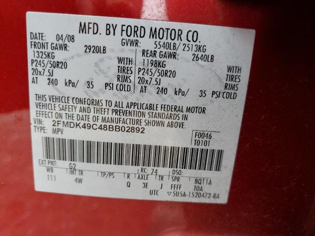 2FMDK49C48BB02892 - 2008 FORD EDGE LIMITED RED photo 14