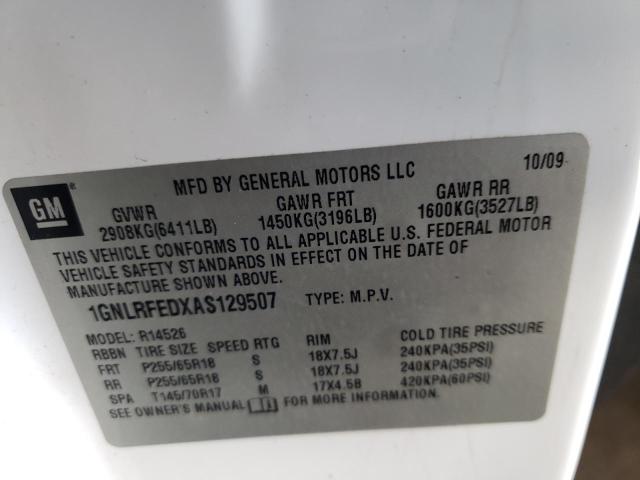 1GNLRFEDXAS129507 - 2010 CHEVROLET TRAVERSE LT 白色 照片 13