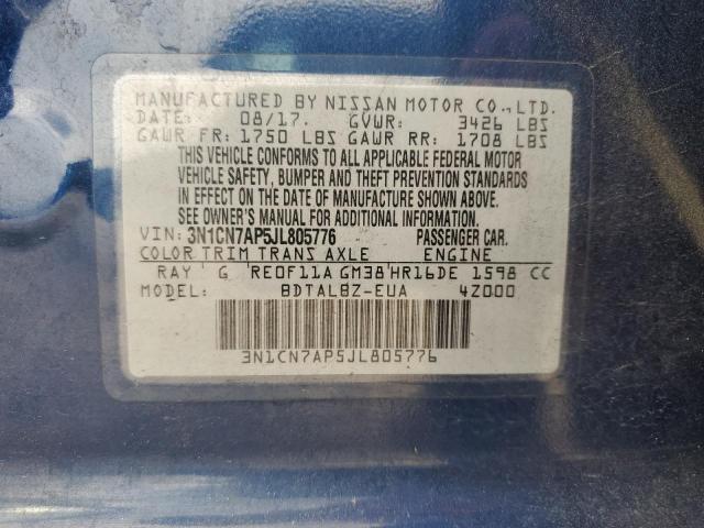 3N1CN7AP5JL805776 - 2018 NISSAN VERSA S BLUE photo 13