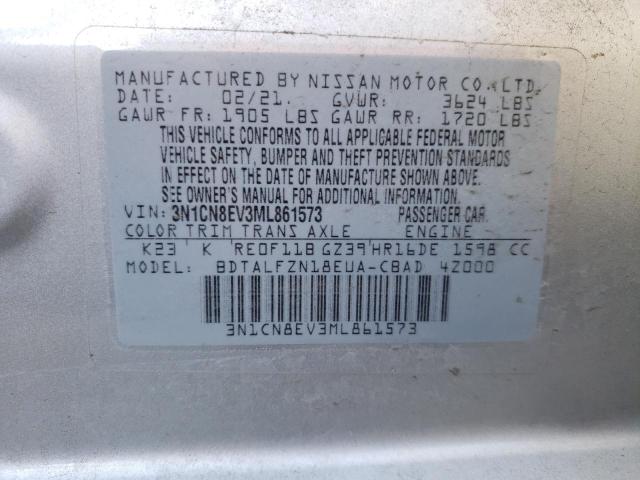 3N1CN8EV3ML861573 - 2021 NISSAN VERSA SV SILVER photo 12