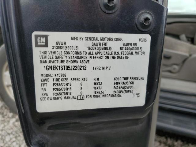 1GNEK13T05J220212 - 2005 CHEVROLET TAHOE K1500 CHARCOAL photo 13