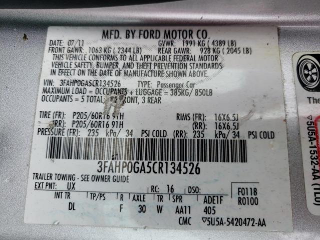 3FAHP0GA5CR134526 - 2012 FORD FUSION S SILVER photo 13