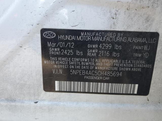 5NPEB4AC5CH485694 - 2012 HYUNDAI SONATA GLS WHITE photo 12