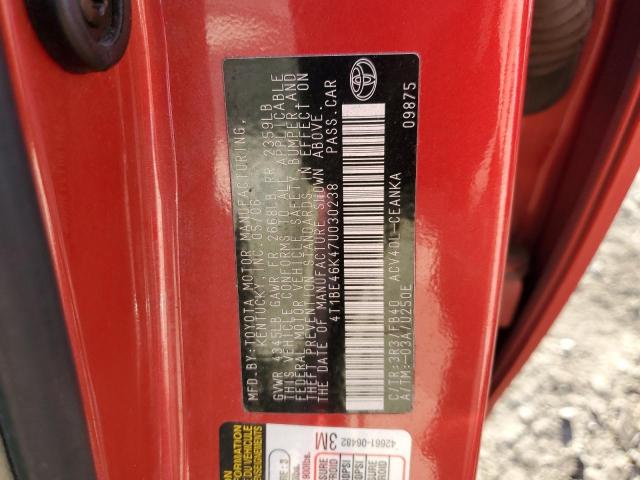 4T1BE46K47U030238 - 2007 TOYOTA CAMRY CE RED photo 12