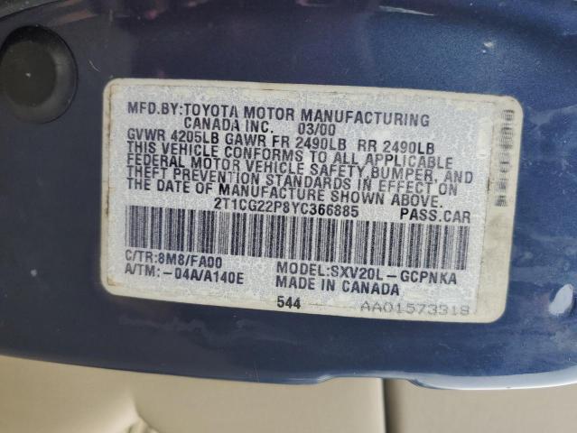 2T1CG22P8YC366885 - 2000 TOYOTA CAMRY SOLA SE BLUE photo 12