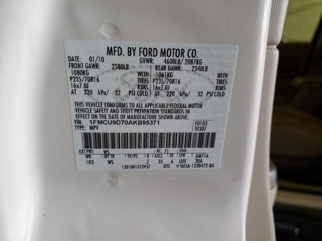 1FMCU9D70AKB95371 - 2010 FORD ESCAPE XLT WHITE photo 12