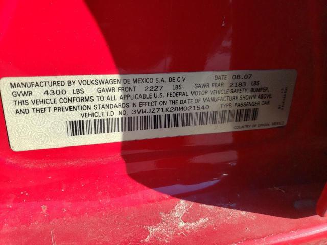 3VWJZ71K28M021540 - 2008 VOLKSWAGEN JETTA S RED photo 12