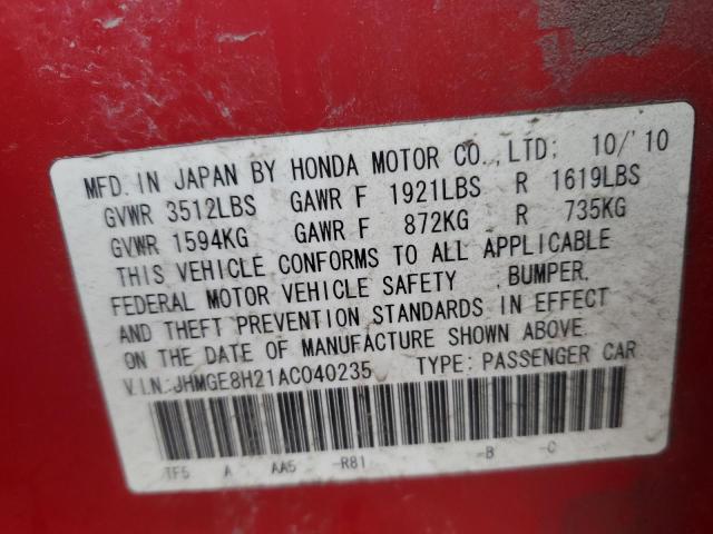 JHMGE8H21AC040235 - 2010 HONDA FIT RED photo 12