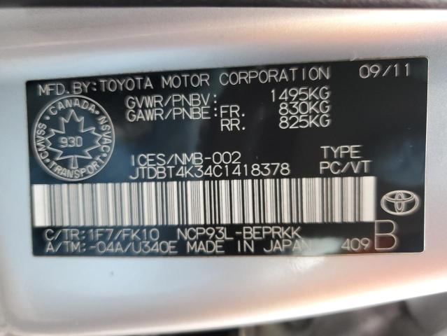 JTDBT4K34C1418378 - 2012 TOYOTA YARIS SILVER photo 12