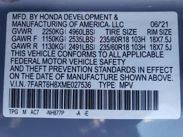 7FART6H8XME027536 - 2021 HONDA CR-V EXL GRAY photo 13