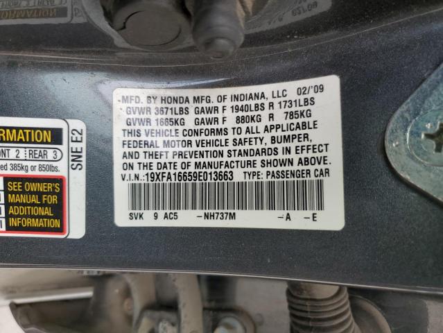 19XFA16659E013663 - 2009 HONDA CIVIC LX-S Մոխրագույն լուսանկար 13