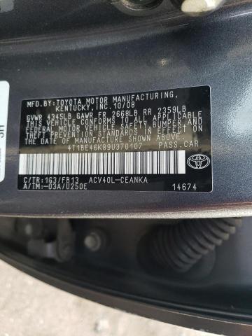 4T1BE46K89U370107 - 2009 TOYOTA CAMRY BASE GRAY photo 12