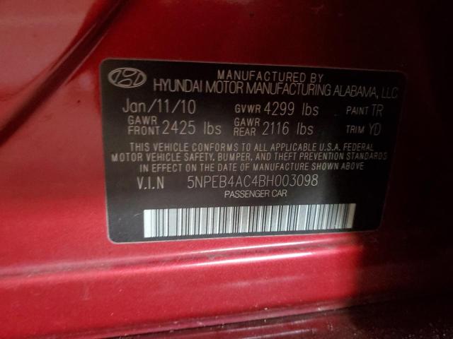 5NPEB4AC4BH003098 - 2011 HYUNDAI SONATA GLS RED photo 12