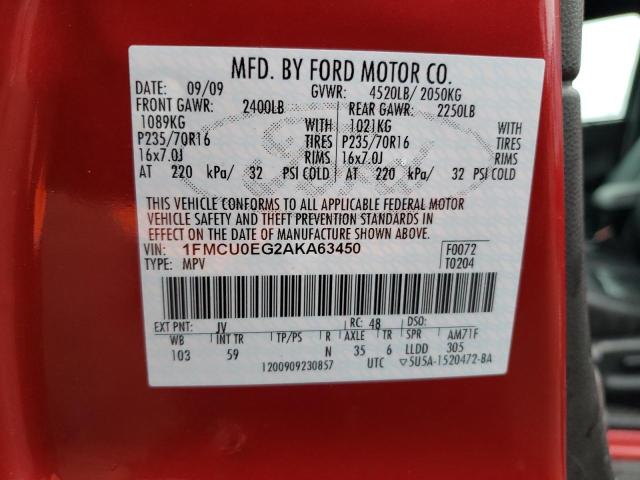 1FMCU0EG2AKA63450 - 2010 FORD ESCAPE LIMITED RED photo 12