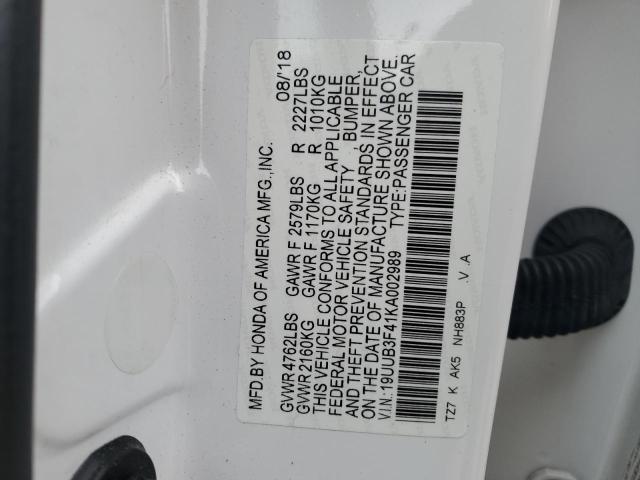 19UUB3F41KA002989 - 2019 ACURA TLX TECHNOLOGY WHITE photo 12