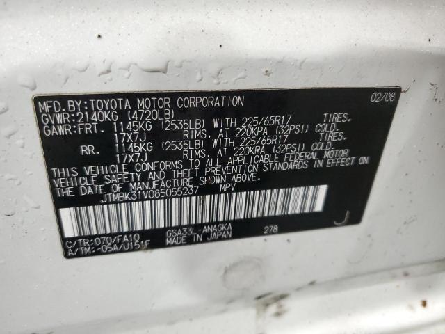 JTMBK31V085055237 - 2008 TOYOTA RAV4 LIMITED WHITE photo 12