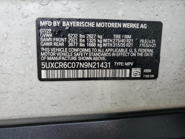 5UXCR6C07N9N21431 - 2022 BMW X5 XDRIVE40I WHITE photo 12