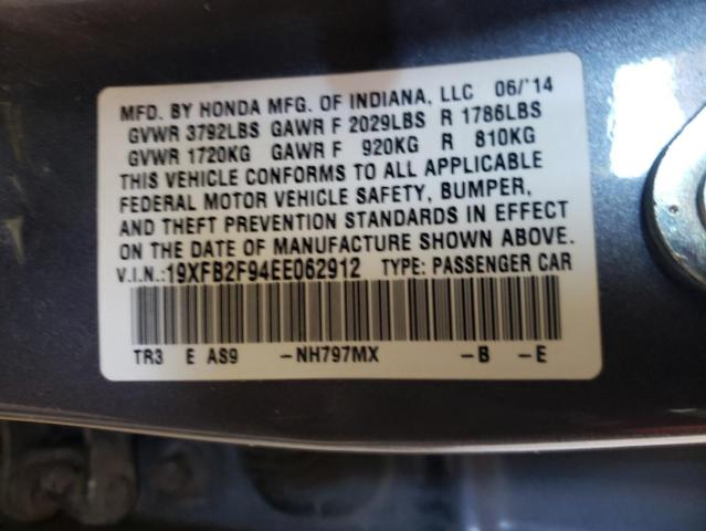 19XFB2F94EE062912 - 2014 HONDA CIVIC EXL GRAY photo 12