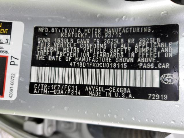 4T1BD1FK0CU018115 - 2012 TOYOTA CAMRY HYBRID SILVER photo 12