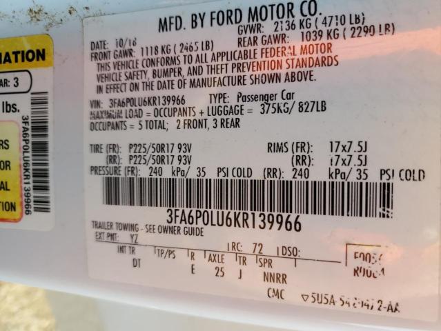 3FA6P0LU6KR139966 - 2019 FORD FUSION SE WHITE photo 13