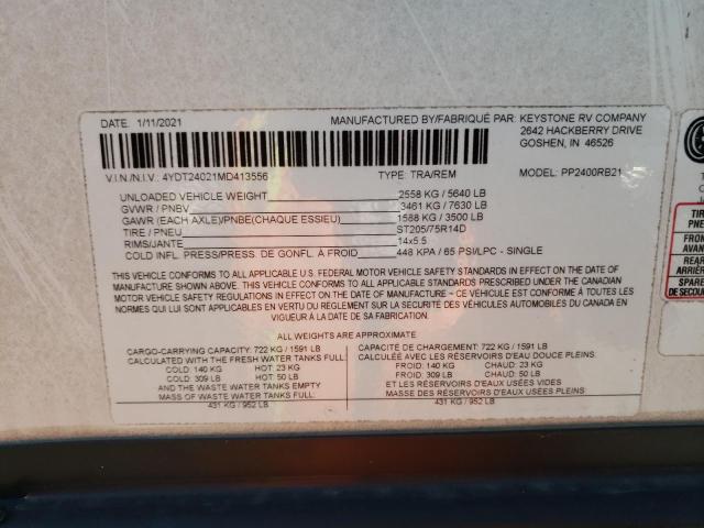 4YDT24021MD413556 - 2021 KEYSTONE PASSPORT WHITE photo 10
