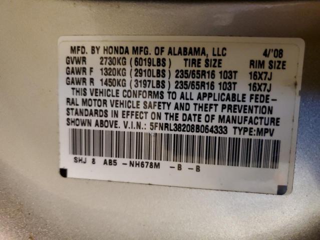 5FNRL38208B064333 - 2008 HONDA ODYSSEY LX GRAY photo 10