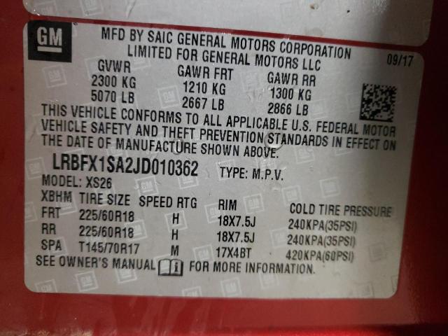 LRBFX1SA2JD010362 - 2018 BUICK ENVISION ESSENCE Կարմիր լուսանկար 13