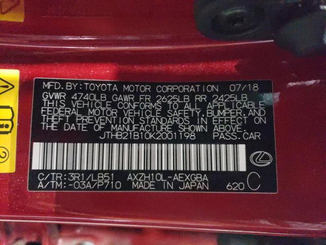 JTHB21B10K2001198 - 2019 LEXUS ES 300H RED photo 12